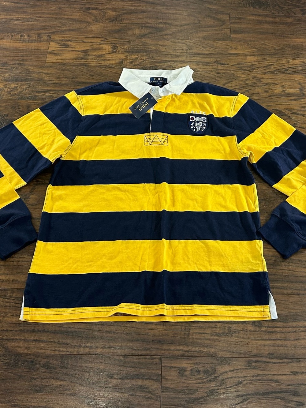 NWT POLO Ralph Lauren Rugby Striped Collared Long Sleeve Yellow Navy Shirt Crest